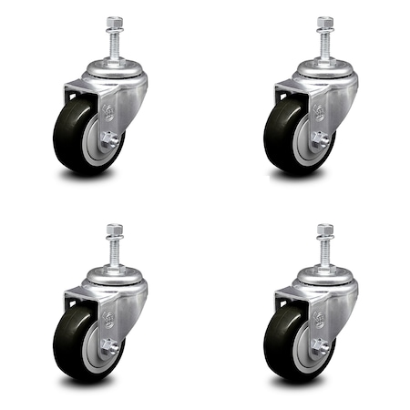 Service Caster 3.5 Inch Black Polyurethane Wheel Swivel 10mm Threaded Stem Caster Set SCC SCC-TS20S3514-PPUB-BLK-M1015-4